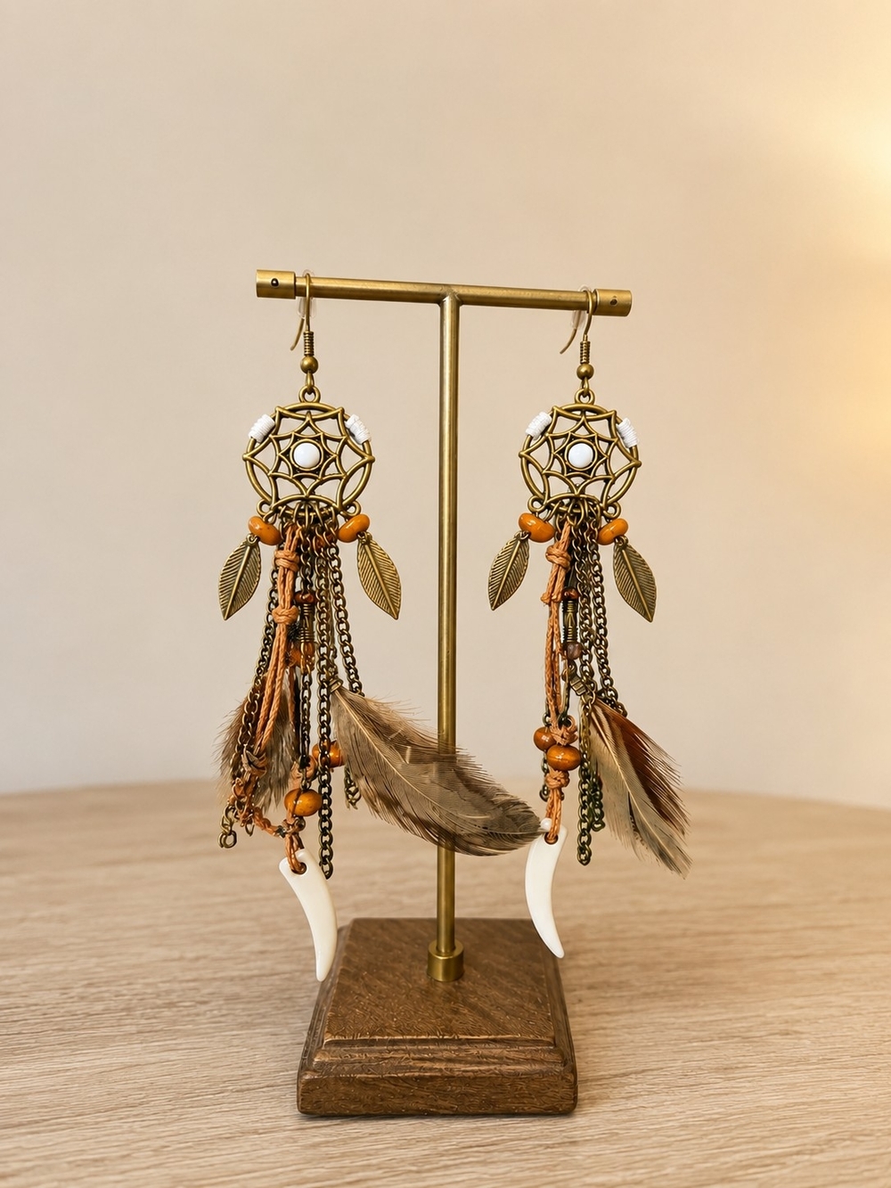 Boho Dreamcatcher Feather Earrings | Western Festival Style | Bronze Tone